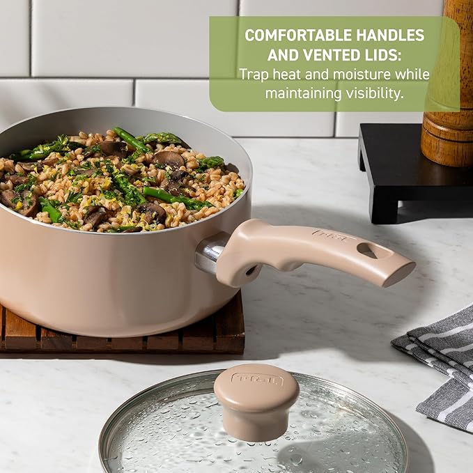 T-Fal Refresh Ceramic Nonstick Cookware Set 20-Piece Oven Safe to 350°F Stockpot Ceramic Pots and Pans Set Frying Pans Griddle Utensils Mint Green