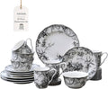 222 Fifth Adelaide 16-Piece Black Porcelain Dinnerware Set – Service for 4 Featuring Hand-Applied Romantic Woodland Bird Design Everyday Big Dinner Plates and Bowls Sets Microwave &amp Dishwasher