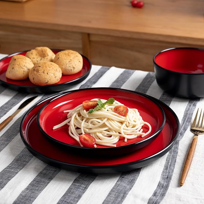 LEHAHA Melamine 12-Piece Modern Dinnerware Set Kitchen Plates and Bowls Sets Luxury 2 tone Red and Black Ceramic look Dish Set for 4.Christmas Luxury dinnerware dishes set.