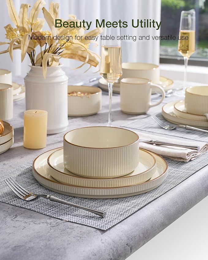 Famiware Star Dinnerware Set Plates and Bowls Sets for 4 (12pcs) Ribbed Stoneware Dishes with Trim - Chip &amp Scratch Resistant Microwave &amp Dishwasher Safe Cream