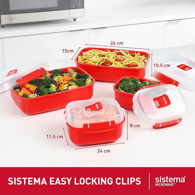 Sistema Microwave Rice Cooker and Steamer Bowl for Vegetables with Steam Release Vent Dishwasher Safe Red &amp Microwave Food Storage Containers with Steam Release Vent Dishwasher Safe Red