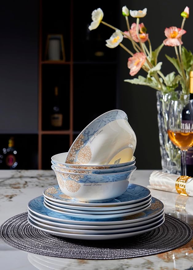 High Bone China Dinnerware Set 12-Piece Artistic Blue Plates and Bowls Lightweight &amp Chip Resistant Ceramic Service for 4 Dishwasher Safe Elegant Kitchen Dining