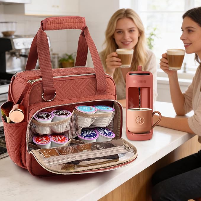 BAGSPRITE Coffee Maker Travel Bag Compatible with Keurig K-Mini Mate Full Open Carrying Case with Quilted Padded Soft Microfiber K--Cup Single Serve Coffee Maker Bag with Pod Organizer Mug Pockets