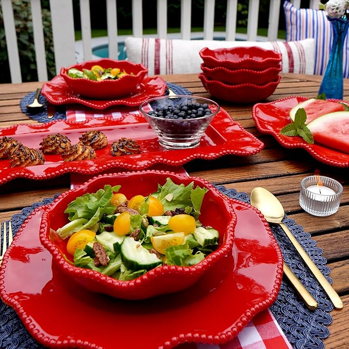 Perlette Red Melamine Dinnerware Set – 12-Piece Scalloped Plates &amp Bowls Vibrant Glossy Finish Elegant Beaded Rim Durable &amp Lightweight – Service for 4 Indoor/Outdoor Use