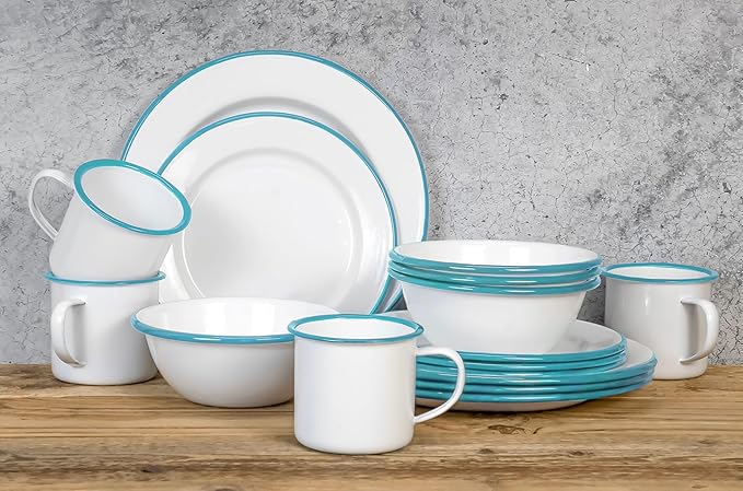 Red Co. 16-Piece Enamelware Metal Dinnerware Set for 4 Solid White/Teal Rim