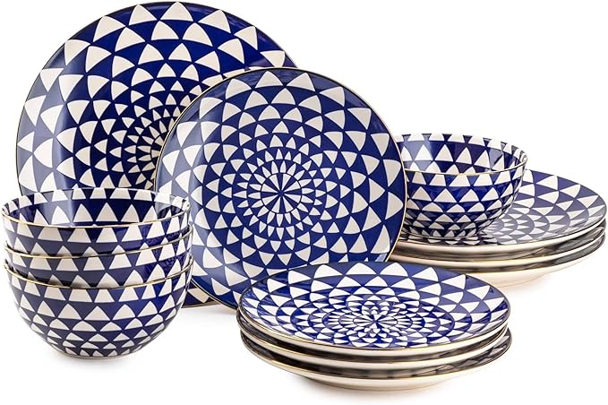 12-Piece Ceramic Dinnerware Set for 4 Plates and Bowls Microwave and Dishwasher Safe (Blue and White)