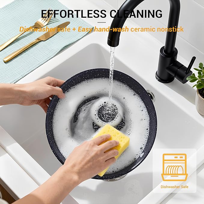 Ammeloo 21 Pcs Pots and Pans Set Non Stick Ceramic Kitchen Cookware Set with Detachable Handle Non Toxic Cooking Set for Kitchen RV Camping and Fridge Induction Ready Dishwasher/Oven Safe Black
