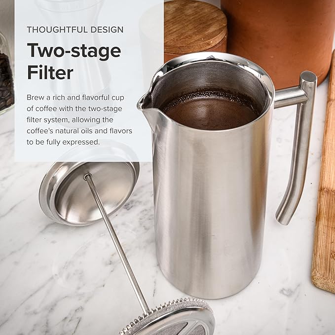 Frieling Coffee Press Stainless Steel French Press Coffee Maker - 44 oz Brushed Stainless Steel - Double-Walled Insulated Zero Sediment Filter - For Home &amp Camping