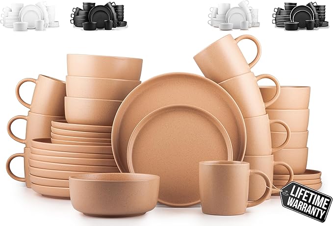 Zulay Kitchen Terra Stoneware 32-Piece Dinnerware Set Artisanal Ceramic Plates and Bowls Set Crafted at 2300℉ - Service for 8 Terracotta Clay