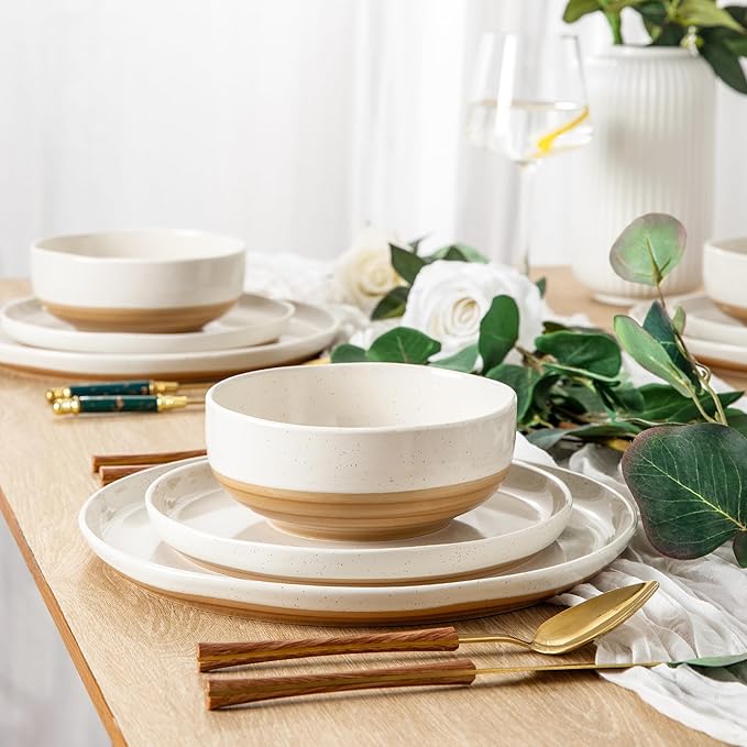 AmorArc Ceramic Dinnerware Sets for 4 16 Pieces Handpainted Plates and Bowls Set with Rustic Terracotta Underside Scratch Resistant Stoneware Dishes Set Dishwasher &amp Microwave Safe
