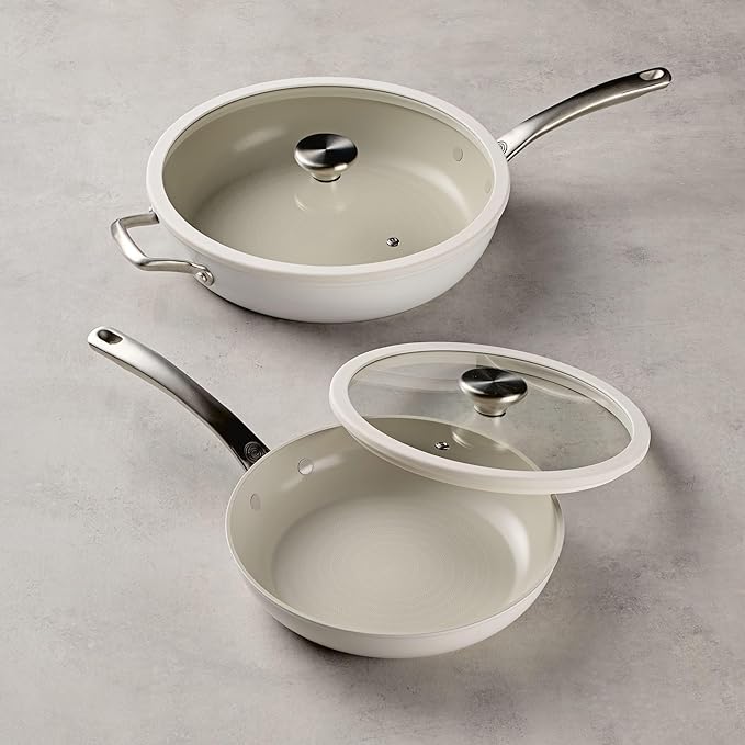 Circulon Halo with LaserDefense Ceramic Nonstick 10 Inch and 12 Inch Frying Pans with Lids Made without PFAS Compatible with All StovetopsDishwasher and Oven Safe4 Piece Cookware Set - Pearl White