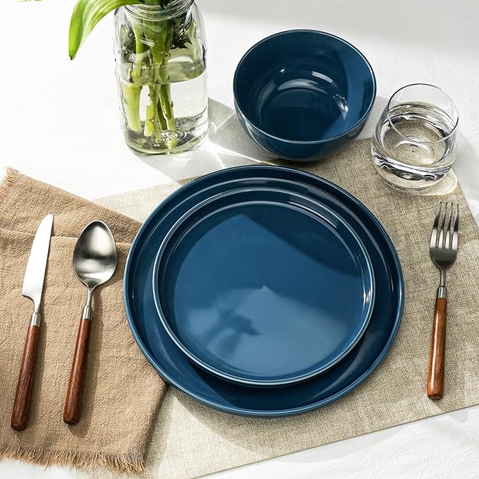 Kitchen Plates and Bowls Set Dinner Set for 4 Handpainted Dinner ware Sets Microwave Safe Plates and Bowls Sets Stone Plate Scratch Resistant (Ocean Abyss)