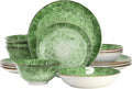 16‑Piece Porcelain Dinnerware Set in Green Double Bowl Design with Dinner Plates Salad Plates and Bowls Dishwasher &amp Microwave Safe (Green)