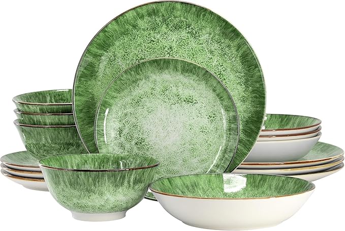 16‑Piece Porcelain Dinnerware Set in Green Double Bowl Design with Dinner Plates Salad Plates and Bowls Dishwasher &amp Microwave Safe (Green)
