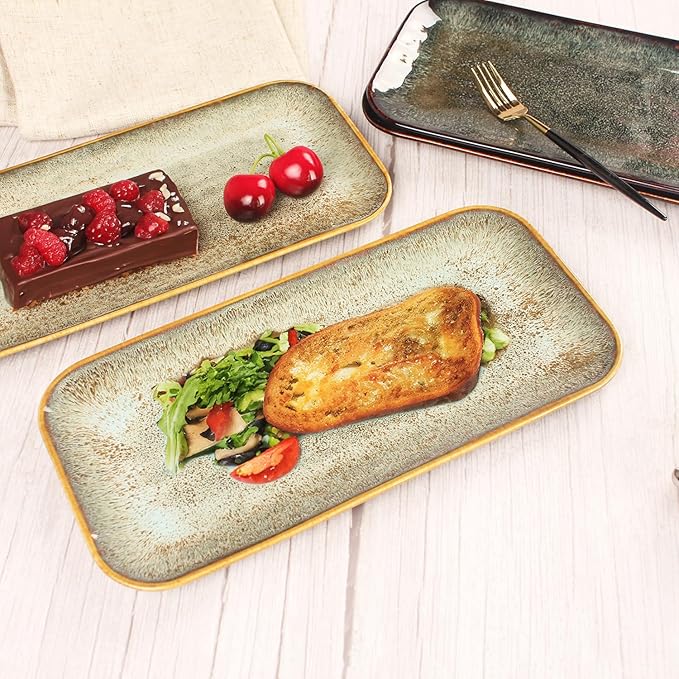 Ceramic Dinner Plates Dish Set Set of 4 Microwave Oven and Dishwasher SafeScratch Resistant Dinnerware Kitchen Porcelain Serving Dishes Brown glaze change 12.4 Inch Rectangle plate