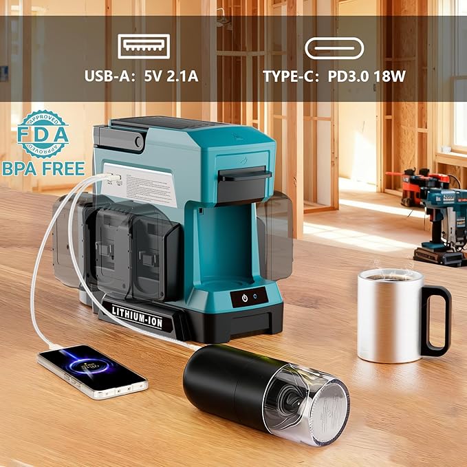 Cordless Coffee Maker for Makita 18V Battery 3 Brewing Options Drip Coffee Maker with Coffee Grinder Portable Single Serve Coffee Makers for Camping Travel and Jobsite. (Tool Only)