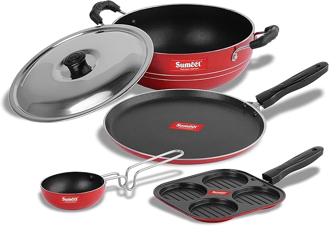 Sumeet 2.6mm Thick Non-Stick Rudh Cookware set (Dosa Tawa – 26.5cm Dia + Mini Multi Snack Maker – 19.5cm Dia + Kadhai With Lid – 1.5Ltr capacity- 20cm Dia + Tadka Pan – 10cm Dia)