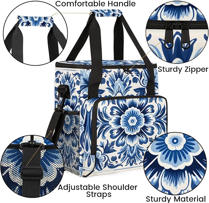 Blue Floral Printed Coffee Maker Travel Bag for Keurig K-Mini/K-Mini Plus Insulated Waterproof Tote with Pockets for K-Cup Portable Single-Serve Brewer Case