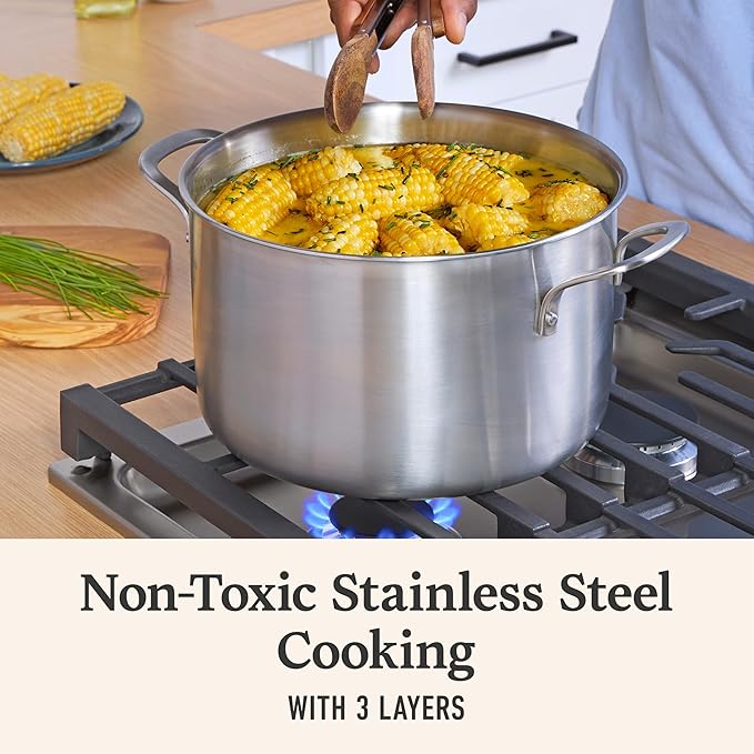 Calphalon Brushed 3-Ply Stainless Steel Cookware Set w/Turbo Heat Tech 6Qt Stock Pot with Lid Induction Oven Safe 450F Brushed Stainless Silver