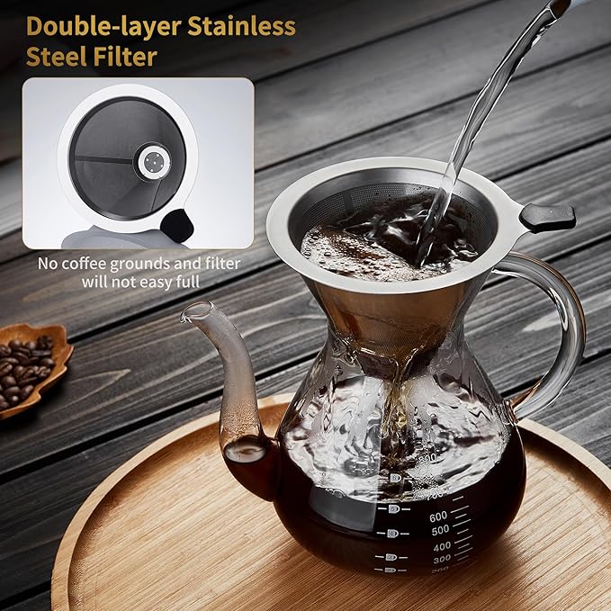 Unbreakable - Pour Over Coffee Maker with Double Stainless Filter 27 fl oz Thickened Heat-Resistant Borosilicate Glass Pour Over Coffee Dripper Stovetop Safe