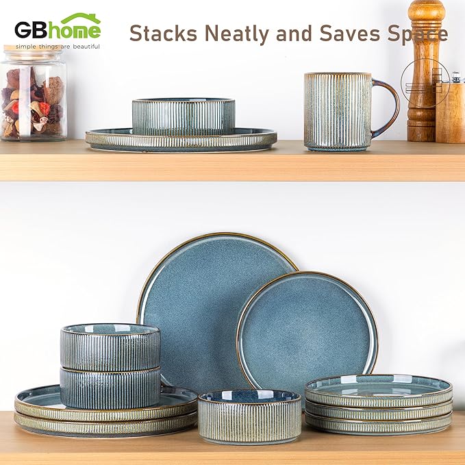 GBHOME 24-Piece Stoneware Dinnerware Set for 8 – Ribbed Ceramic Plates and Bowls Scratch-Resistant Microwave &amp Dishwasher Safe Reactive Glaze Deep Ocean