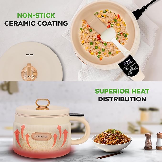 NutriChef 1.6 QT Portable Electric Rice Cooker &amp Lunch Maker | Multi-Functional &amp Non-Stick Ceramic Coating | Digital Control Panel | 6 Cook Functions: Rice Soup Stew Porridge &amp More |