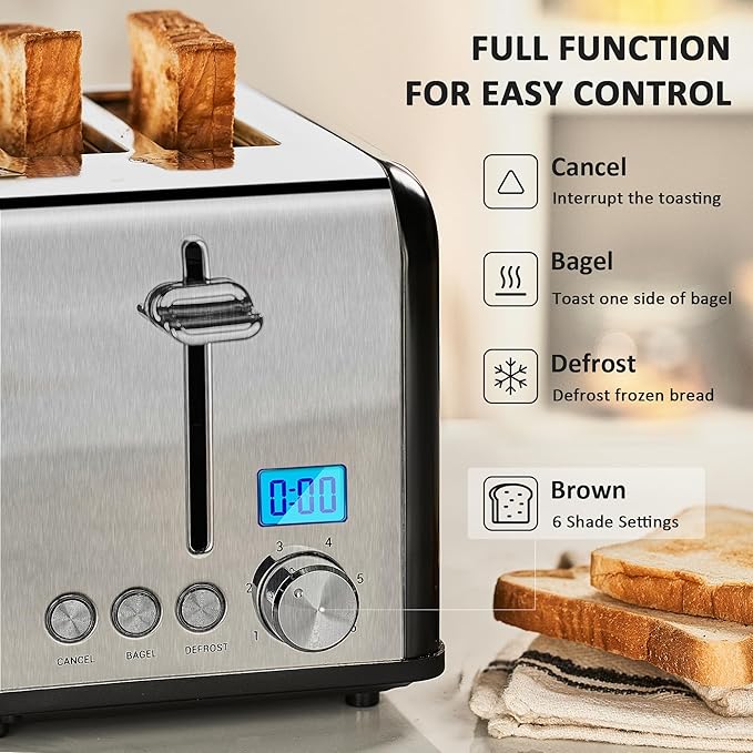 Roter Mond Countdown Stainless Steel 4 Slice Toaster with Bagel Defrost Cancel Function Dual Toaster Extra Wide Slots 6 Shade Settings Removable Crumb Trays 1650W Black