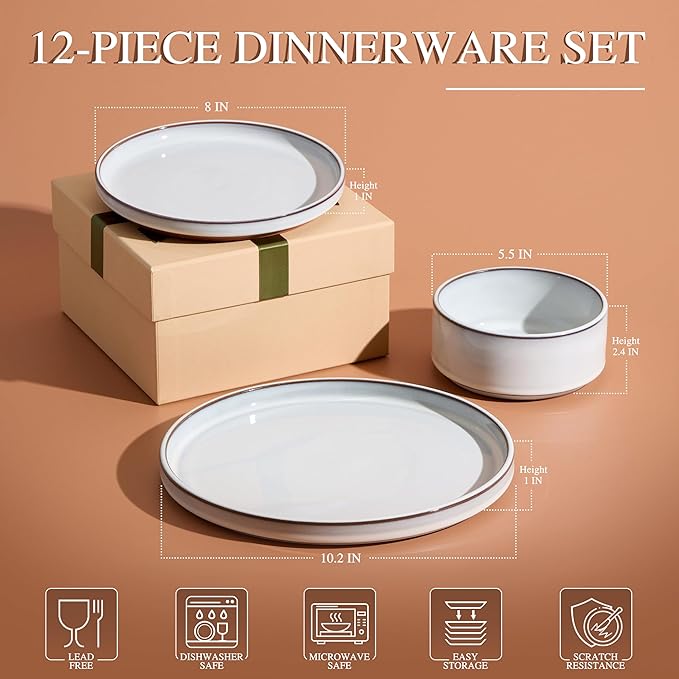 Vesteel 12-Piece Dinnerware Set Ceramic Plates and Bowls Sets Healthy Yixing Purple Clay Dishes Set Elegant &amp Durable Tableware Dishwasher &amp Microwave Safe - Moonlight White