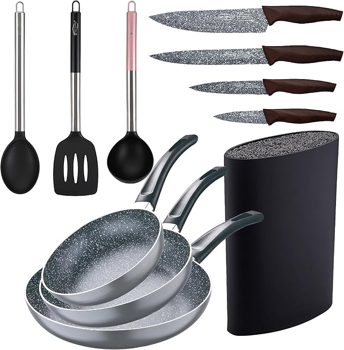 Set 3pc Frying Pan (16+20+24cm) Pressed Aluminium Induction Black Soul Marble with Set 3pc Kitchen Utensils Nylon with Set 4pc Stainless Steel Knives