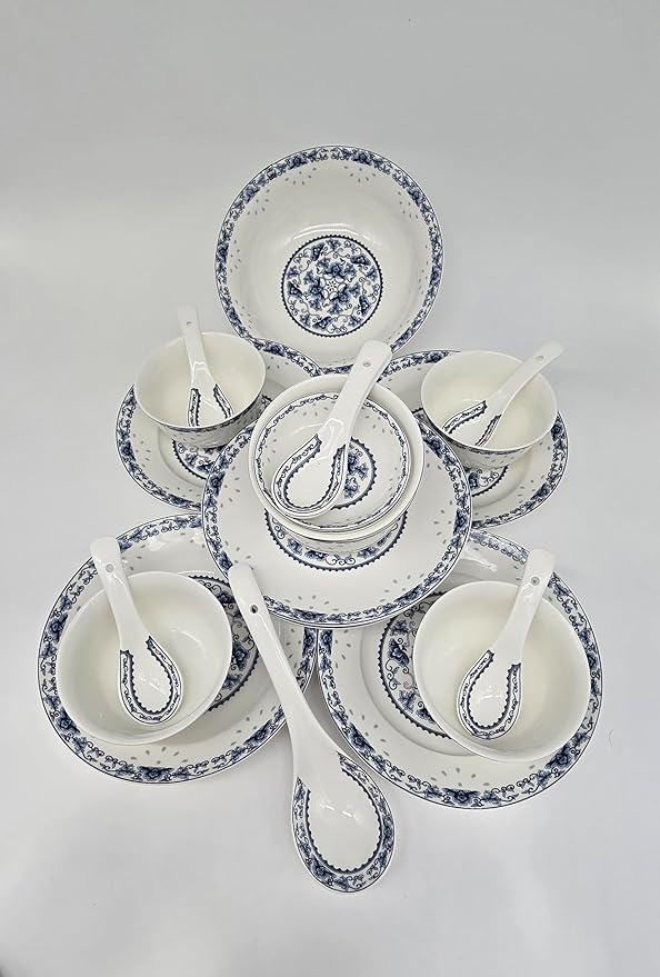 28-piece Bone China Blue and White Dinnerware Set Service for 6 Rice Bowl Set Jingdezhen (blue lotus)
