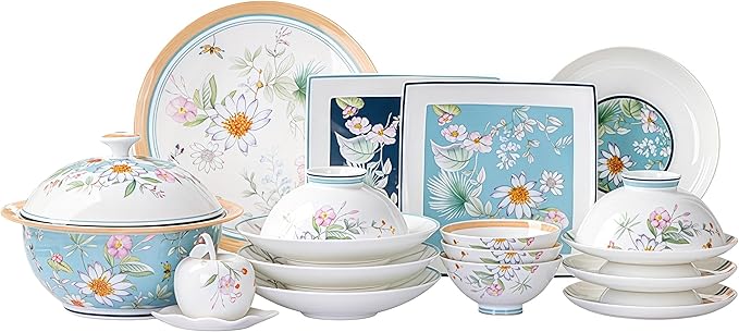 Fine Bone China Dinnerware SetPorcelain&ampCeramic Dinnerware SetsBone Stoneware&ampCeramic Cookware Tableware Set Includes Dinner Plates|Spoons|Pasta Bowls|Soup Pot|Chopsticks (32PCS * 6-Person S