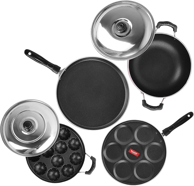 Sumeet 2.6mm Thick Non-Stick Shona Cookware set (Dosa Tawa – 26.5cm Dia + Multi snack maker – 26.5cm Dia + Kadhai With Lid – 1.5Ltr capacity- 20cm Dia + Grill Appam Patra With Lid – 23cm Dia)