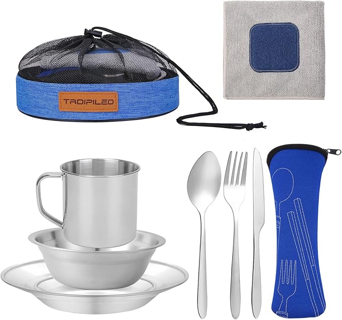 Stainless Steel Camping Cutlery Set - 8 Piece Includes Spoons Mugs Bowls Plates Rags &amp Organizer Straps - Easy to Carry for Backpacking Camping Hiking and Picnics