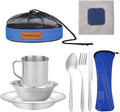 Stainless Steel Camping Cutlery Set - 8 Piece Includes Spoons Mugs Bowls Plates Rags &amp Organizer Straps - Easy to Carry for Backpacking Camping Hiking and Picnics