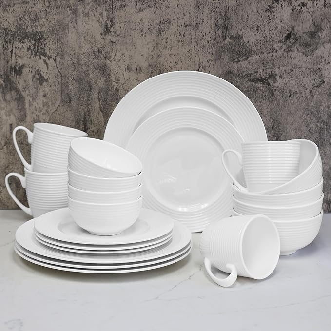 QOUTIQUE Bone China Dinnerware 20PC Set Service for 4 White Embossed circle Microwave Safe Translucent Elegant giftware Dish set Essential Home Kitchen Dishes Dinner Set