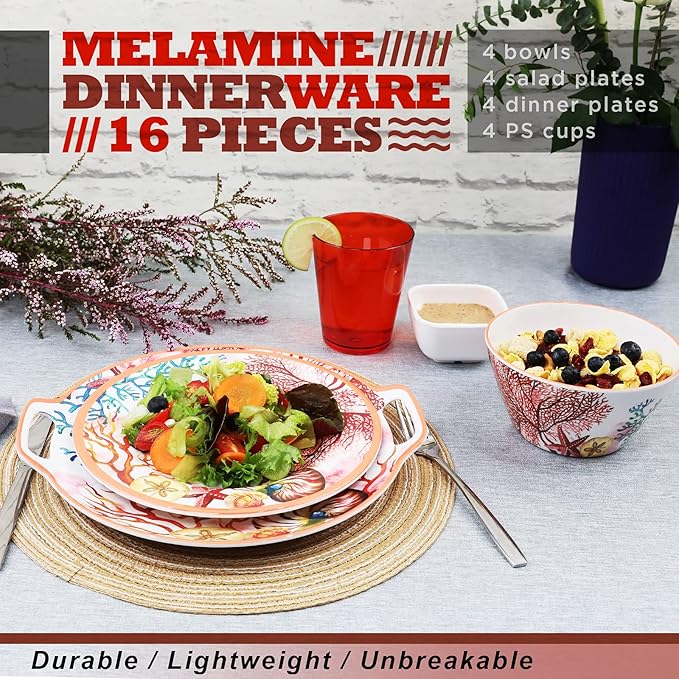 Melamine Dinnerware Set for 4-16 Pcs:Camping Dishes Set with Dinner PlatesSalad PlatesCups and Bowls.Lightweight and Unbreakable.Indoor and Outdoor Use.