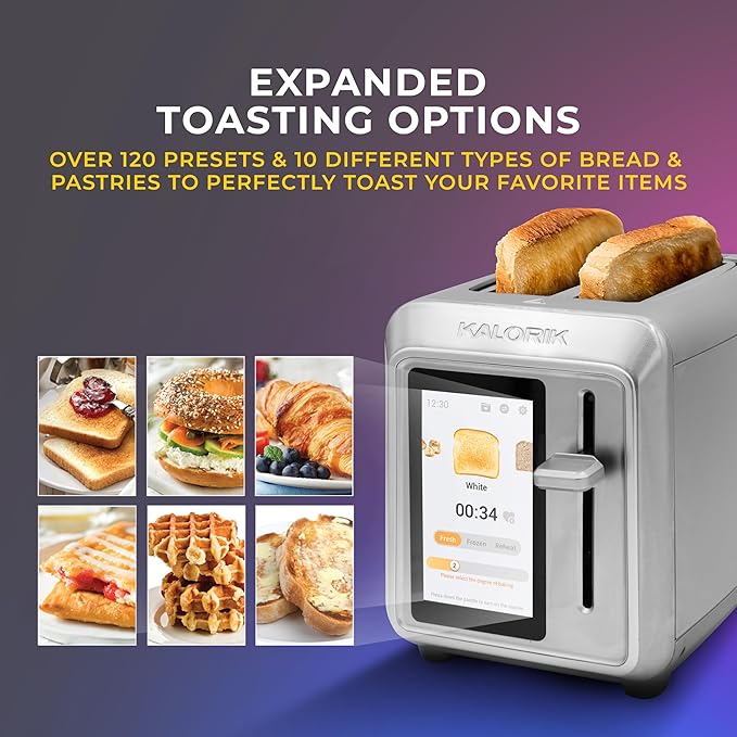 Kalorik Toaster VIVID TOUCH Series 2-Slice with Large High-Resolution Touchscreen and Customizable Cooking Presets by Bread Type Features Wide Slots and High Lift Lever 1000-Watts Stainless Steel
