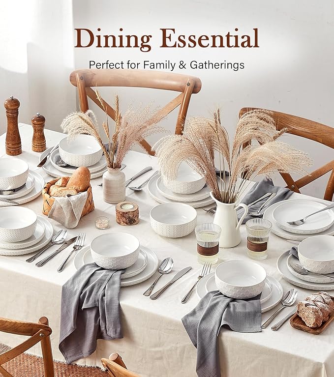 24 Piece Dinnerware Sets for 8 - Farmhouse Style Stoneware Plates and Bowls Sets - Scratch Resistant &amp Dishwasher Safe Embossed Boho Ceramic Dish Set Stack Compactly Dishware - Vintage White
