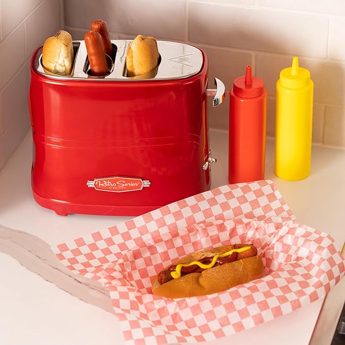 Nostalgia HDT600RETRORED Retro Pop-Up 2 Hot Dog and Bun Toaster With Mini Tongs Works With Chicken Dogs Turkey Dogs Veggie Links Sausages and Brats