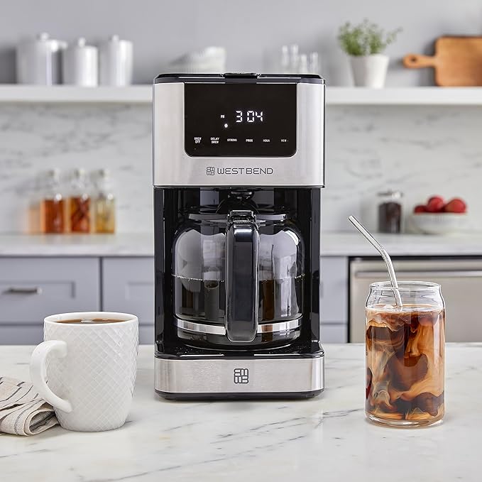 West Bend Drip Coffee Maker Brews Hot or Iced Programmable with Brew Strength Selector Auto Shut-Off and 6 Functions Permanent Mesh Filter and Glass Carafe 12-Cup Metallic