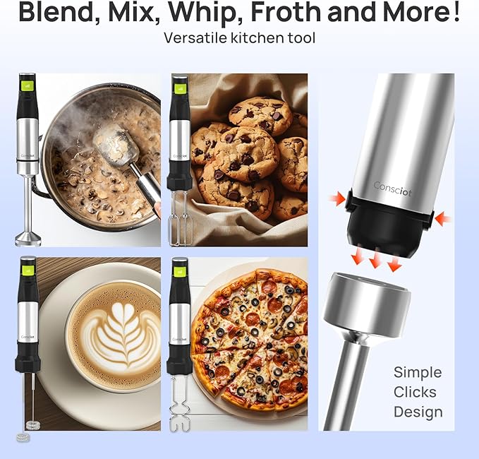 Consciot 4 in 1 Immersion Hand Blender Max 1100W Corded Stick Emulsifier with Entire Stainless Steel Blender Shaft Trigger Speed Control For Blending Beating Frothing Mixing &amp More Non-BPA