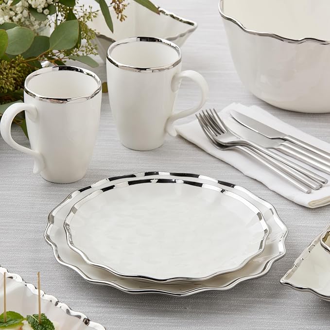 Regency Silver 16-Piece Porcelain Dinnerware Set – Elegant Silver-Trimmed Plates Bowls &amp Mugs – Service for 4 – Durable Dishwasher-Safe Tableware for Everyday Dining &amp Special Occasions