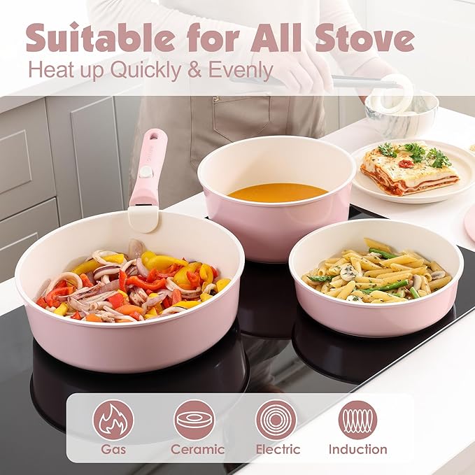 SENSARTE 17 Piece Ceramic Pots and Pans Set Nonstick Detachable Handle Cookware Induction Kitchen Cookware Set with Removable Handle Dishwasher ＆ Oven Safe (Pink)