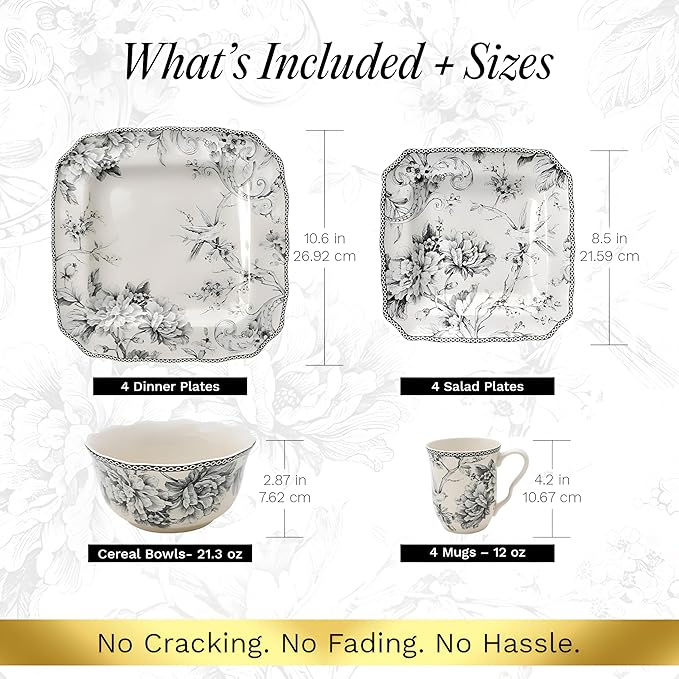 222 Fifth Adelaide 16-Piece Square Floral Dinnerware Set – Service for 4 Grey &amp White Porcelain Plates &amp Bowls for Everyday Dining &amp Entertainment Microwave &amp Dishwasher Safe Chip