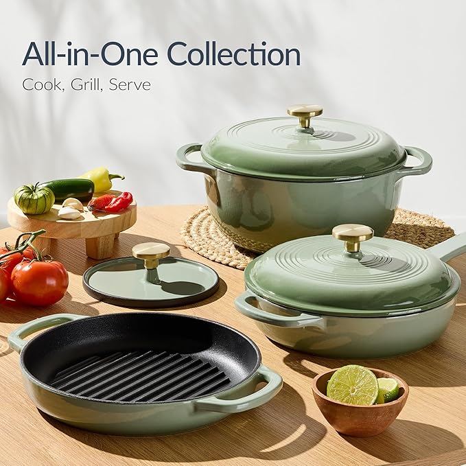 Best Choice Products Non-Stick Pot &amp Pan Cookware Set Cast Iron 2Qt Skillet W/Lid 10 Grill Or Griddle Pan W/Press 6Qt Enameled Dutch Oven Non-toxic For Cooking &amp Grilling - Sage