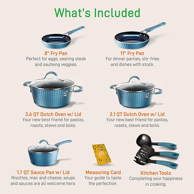 NutriChef NCCW11BL Nonstick Cookware Excilon |Home Kitchen Ware Pots &amp Pan Set with Saucepan Frying Pans Cooking Pots Lids Utensil PTFE/PFOA/PFOS free 11 Pcs Blue