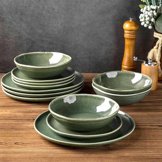 AmorArc Ceramic Dinnerware SetsHandmade Reactive Glaze Stoneware Plates and Bowls SetsHighly Scratch Resistant | Dishwasher &amp Microwave Safe Dishes SetService for 4 (12pc)