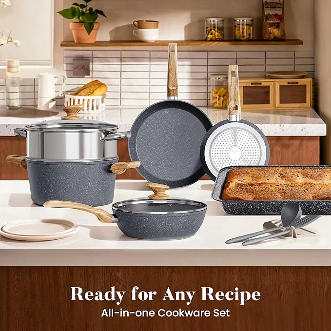 Kitchen Academy Granite Nonstick Cookware Set - 17 Piece Gray Cooking Pans Set Induction Pots and Pans Set Non Stick PFOA &amp PFOS Free.