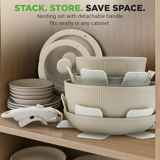 NutriChef 18-Piece Ceramic Cookware Set with Detachable Handles Non Stick Pots and Pans PTFE-Free Natural Ceramic Coating Space-Saving Design Oven &amp Stove Safe Includes Utensils Green