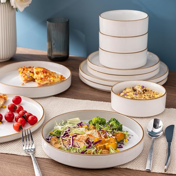 GBHOME Ceramic Dinnerware Sets for 4 12 Pieces Stoneware Plates and Bowls Sets Reactive Glaze Dishes -Scratch Resistant Dishwasher&ampMicrowave Safe-Pearl White
